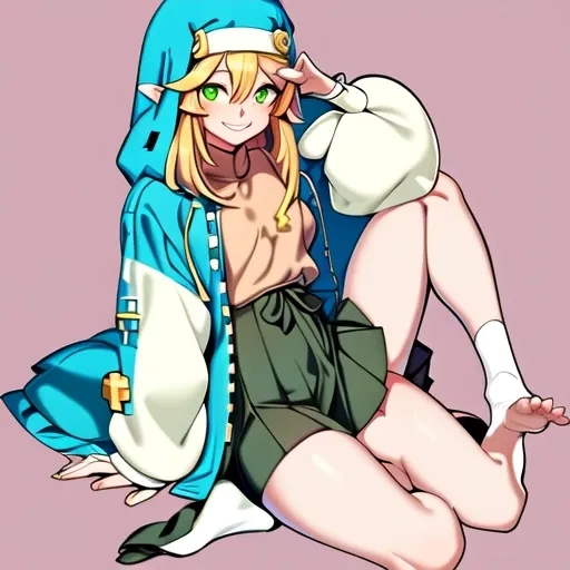 Bridget \(Guilty Gear\), 1girl, blonde hair, green eyes, habit, highres, looking at viewer, no shoes, one piece, pointy ears, puffy sleeves, red shirt, shirt, short sleeves, simple background, sitting, skirt, smile, solo <lora:Bridget_v2.1-000012:0.6>