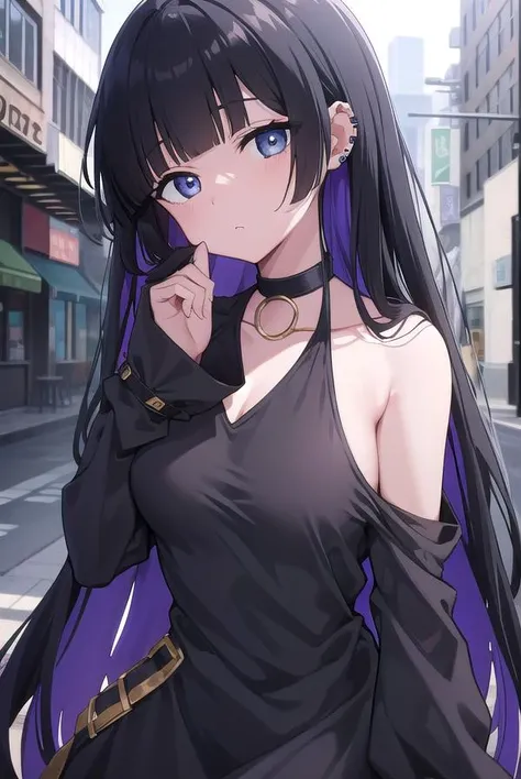 bocchipasan, <lora:pasantest:1>, pasan, black hair, blunt bangs, blunt ends, chin piercing, colored inner hair, ear piercing, (grey eyes:1.2), hime cut, long hair, medium bangs, multicolored hair, piercing, purple hair,
BREAK bare shoulders, black choker, black dress, black sleeves, choker, clothing cutout, detached sleeves, dress, gothic, shoulder cutout, sleeves past fingers, sleeves past wrists, very long sleeves,
BREAK looking at viewer,
BREAK outdoors, city,
BREAK <lora:GoodHands-vanilla:1>, (masterpiece:1.2), best quality, high resolution, unity 8k wallpaper, (illustration:0.8), (beautiful detailed eyes:1.6), extremely detailed face, perfect lighting, extremely detailed CG, (perfect hands, perfect anatomy),