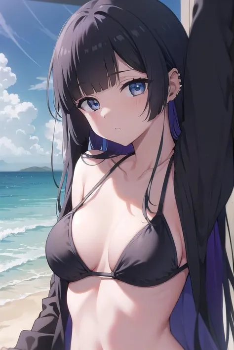 bocchipasan, <lora:pasantest:1>, pasan, black hair, blunt bangs, blunt ends, chin piercing, colored inner hair, ear piercing, (grey eyes:1.2), hime cut, long hair, medium bangs, multicolored hair, piercing, purple hair,
BREAK bikini,
BREAK looking at viewer,
BREAK outdoors, beach,
BREAK <lora:GoodHands-vanilla:1>, (masterpiece:1.2), best quality, high resolution, unity 8k wallpaper, (illustration:0.8), (beautiful detailed eyes:1.6), extremely detailed face, perfect lighting, extremely detailed CG, (perfect hands, perfect anatomy),