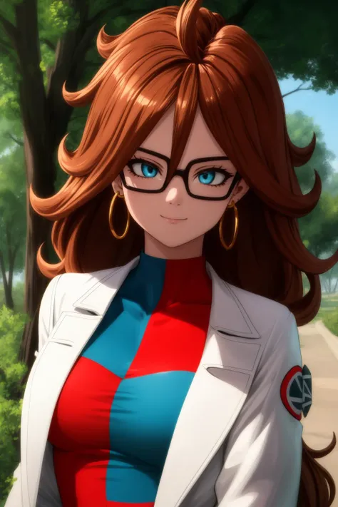 1girl, solo, light smile , <lora:android21DragonBall_v15:0.45>, android 21, glasses, black-framed eyewear, (big hair, black gloves, black pantyhose, blue dress, blue eyes, brown hair,labcoat , checkered clothes, checkered dress, earrings, elbow gloves, hair between eyes, hoop earrings, jewelry, long hair, multicolored clothes, multicolored dress, red dress, short dress:0.8)