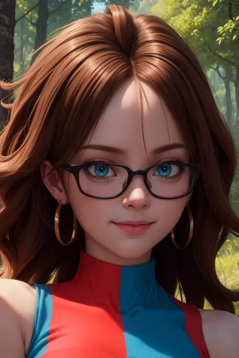 android21, 1girl, solo, blue eyes, brown hair, long hair, curly hair, hair between eyes, jewelry, hoop earrings, glasses,
checkered dress, dress, tight dress, turtleneck, sleeveless,
smile,closed mouth,cowboy shot,
forest,outdoor,
(insanely detailed, beautiful detailed face, masterpiece, best quality) cinematic lighting,<lora:Android21_v1:1>, <lora:more_details:0.3>,