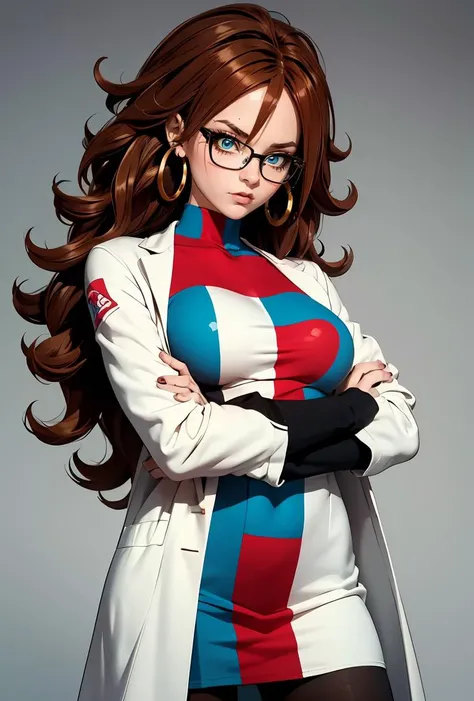 (masterpiece, best quality), 1girl, <lora:Android21_v1:0.8> android21, 1girl, solo, blue eyes, brown hair, long hair, curly hair, hair between eyes, jewelry, hoop earrings, glasses,, checkered dress, two-tone dress, multicolored dress, tight dress, turtleneck, black pantyhose,, labcoat, long sleeves,