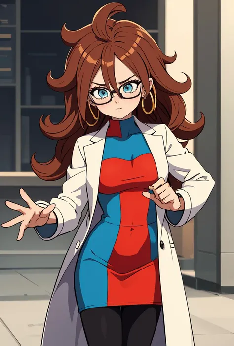 (masterpiece, best quality), 1girl,   <lora:Android21_v1:0.8> android21, 1girl, solo, blue eyes, brown hair, long hair, curly hair, hair between eyes, jewelry, hoop earrings, glasses,, checkered dress, two-tone dress, multicolored dress, tight dress, turtleneck, black pantyhose,, labcoat, long sleeves,