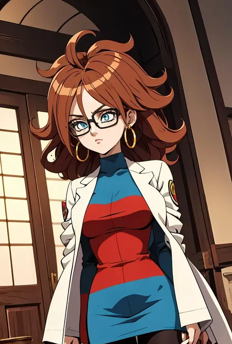 (masterpiece, best quality), 1girl,   <lora:Android21_v1:0.8> android21, 1girl, solo, blue eyes, brown hair, long hair, curly hair, hair between eyes, jewelry, hoop earrings, glasses,, checkered dress, two-tone dress, multicolored dress, tight dress, turtleneck, black pantyhose,, labcoat, long sleeves,