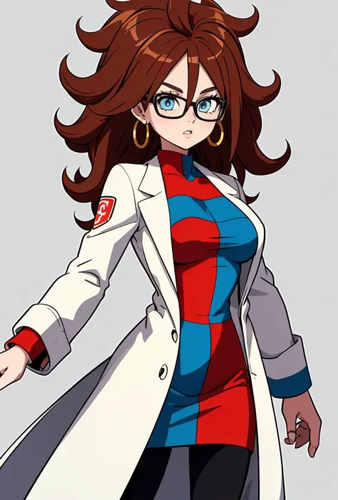 (masterpiece, best quality), 1girl,   <lora:Android21_v1:0.8> android21, 1girl, solo, blue eyes, brown hair, long hair, curly hair, hair between eyes, jewelry, hoop earrings, glasses,, checkered dress, two-tone dress, multicolored dress, tight dress, turtleneck, black pantyhose,, labcoat, long sleeves,