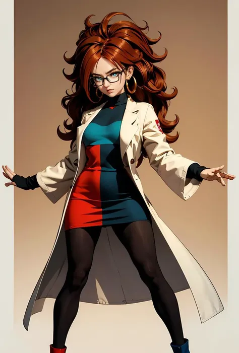 (masterpiece, best quality), 1girl,   <lora:Android21_v1:0.8> android21, 1girl, solo, blue eyes, brown hair, long hair, curly hair, hair between eyes, jewelry, hoop earrings, glasses,, checkered dress, two-tone dress, multicolored dress, tight dress, turtleneck, black pantyhose,, labcoat, long sleeves,