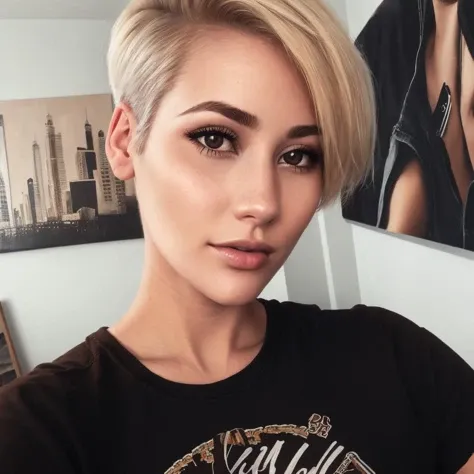 <lora:LauraJaneDunkerley:0.8> LauraJaneDunkerley, 1girl, blonde, (short hair), beautiful, (brown eyes), skinny, apartment, paintings on wall, black shirt, jeans,, close up, <lora:more_details:0.3> <lora:GoodHands-vanilla:0.8> fingernails, realistic, (masterpiece, high res, photorealistic)