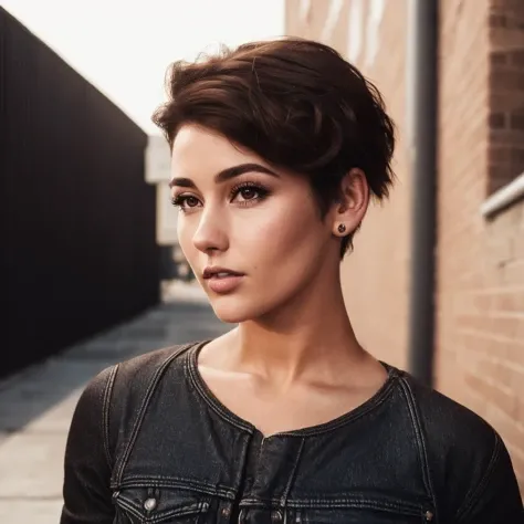 <lora:LauraJaneDunkerley:0.7> LauraJaneDunkerley, 1girl, brunette, (short hair), beautiful, (brown eyes), whole body, black denim outfit, outside, black shirt, urban background, (masterpiece, high res, photorealistic)