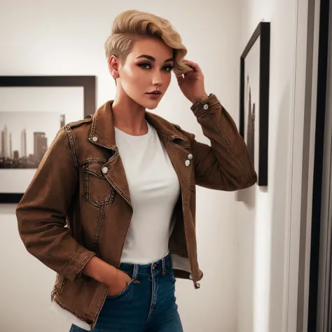 <lora:LauraJaneDunkerley:0.8> LauraJaneDunkerley, 1girl, blonde, (short hair), beautiful, (brown eyes), apartment, paintings on wall, white shirt, jeans, jacket, close up, <lora:more_details:0.3>, (masterpiece, high res, photorealistic)