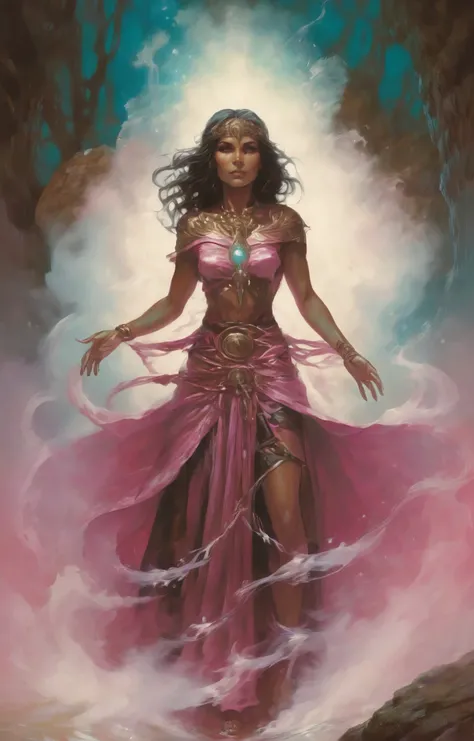 retroart illustration, dark fantasy aesthetics, epic fantasy scene, dark and moody from the side of a statuesque Australian woman with a shy smile ( and curvy:1.2) portrait, looking up, (tropical jungle theme:1.1), evil mystic, trimmed cyan flowing clothes, crystal amulet, evil smile, dynamic pose, levitating, hair flowing in the wind, (pink waves), enchanted crystal ball, magical runes , floating particles, dark stormclouds, exploding spell in background,, detailed face, stunning beauty <lora:Retro_Art_XL:1>