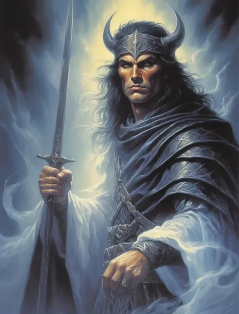 retroart illustration, a poster based on the mythic character of lir king, in the style of jeff easley, dark and brooding designer, master of shadows, layered translucency, marine painter, brothers hildebrandt, close-up intensity, <lora:Retro_Art_XL-000008:0.5>