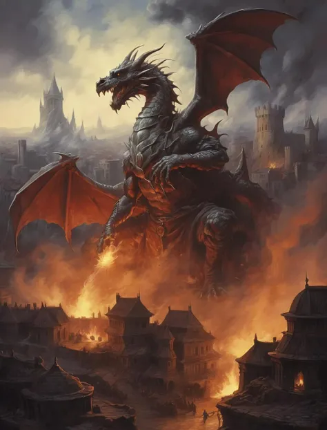 retroart illustration, a dragon over a medieval city,fire,smoke,epic clouds , <lora:Retro_Art_XL-000008:0.8>