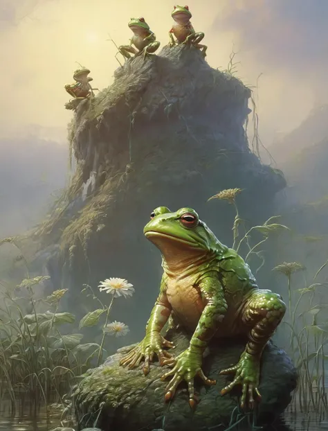 retroart illustration, a painting of a frog sitting on top of something, in the style of matte painting, epic fantasy scenes, depicts real life, hazy, sculpted, realistic color schemes, i can't believe how beautiful this is , <lora:Retro_Art_XL-000008:1>, (masterpiece, best quality),ultra-detailed,add-detail-xl, DetailedEyes_V3,perfect eyes,skin blemish,detailed skin,<lora:polyhedron_all_sdxl:1>
