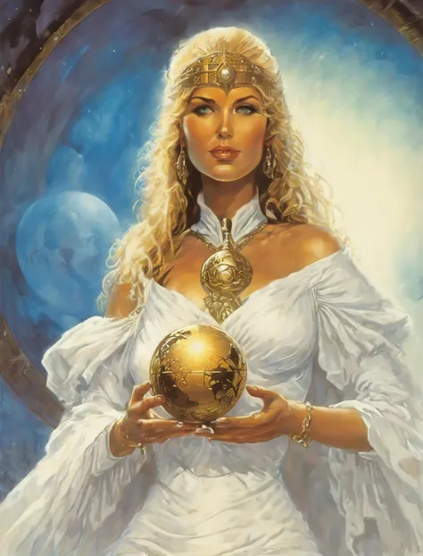 retroart illustration, a woman in a white gown holding a golden globe, in the style of greg hildebrandt, cybernetic sci-fi, adonna khare, blink-and-you-miss-it detail, mythic symbolism, johfra bosschart, kushan empire, <lora:Retro_Art_XL-000008:1>, (masterpiece, best quality),ultra-detailed,add-detail-xl, DetailedEyes_V3,perfect eyes,skin blemish,detailed skin,<lora:polyhedron_all_sdxl:1>
