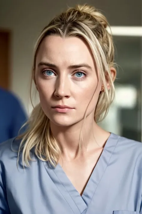 1girl, nurse, scrubs, worried expression, at hospital, female focus, photorealistic, soft colors, masterpiece, high quality, (high detailed skin:1.1)
<lora:saoirse_ronan_lora_v01:1> saoirse94, blonde hair