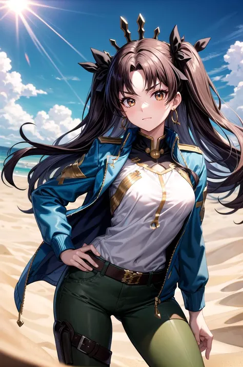 (masterpiece, best quality, detailed), 1girl, solo, aaishtar, long hair, two side up, hair ribbon, tiara, parted bangs, looking at viewer,
military uniform, military, soldier, metal, military hat, green jacket, belt, green pants, camouflage, desert, sand, dust, sun, contrapposto, v-shaped eyebrows, closed mouth