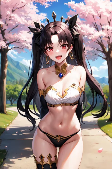 masterpiece, best quality, highres, aaishtar, long hair, two side up, hair ribbon, tiara, parted bangs, hoop earrings, jewelry, bare shoulders, neck ring, bikini, single sleeve, detached sleeves, single thighhigh, black thighhighs, <lora:ishtar_(fate)_v1:0.7>, arms behind back, cherry blossoms, standing, smile, outdoors, open mouth, bent over,