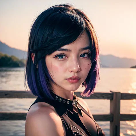 ((yelan (genshin), solo)),character \(series\), full body, (dark hair,bob haircut), blue eyes, (medium breasts), looking at viewer, smile, closed mouth, ((soar thread on background:1.2)), ((water drops)), wet, Ultra detailed fantasy environment, [mountains:forest:0.3], gyper realism, 8k, clearly worked out detail, intricate, cinematic, 1girl, arms_behind, asymmetrical_gloves, bangs, bare_shoulders, blue_hair, detailed clothes,  (delicate illustration:1.4),(masterpiece:1.0), (best quality:1.4), (ultra highres:1.2), (photorealistic:1.4), (8k, RAW photo:1.2), (soft focus:1.4), (18yo:1.3), (sharp focus:1.4), (renaissance art:1.4), detailed beautiful face