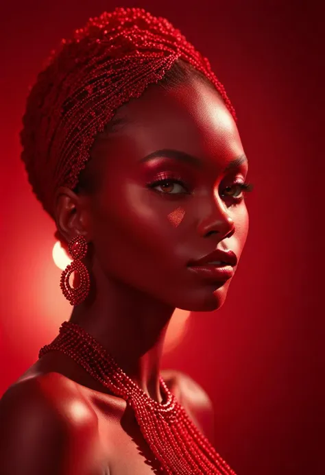 monocolor profile portrait of a beautiful naked african woman, coral key light, crimson back light, burgundy red fill light, glamour, high fashion