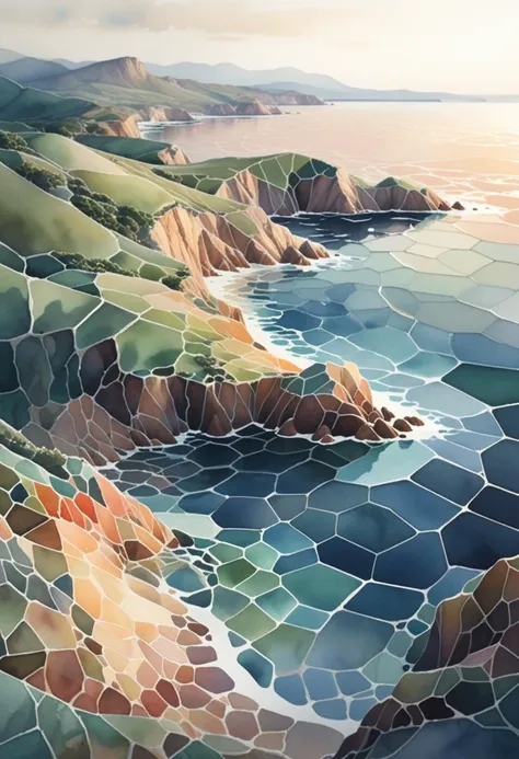 a voronoi watercolor of a stunning landscape by the sea, cinematic lighting