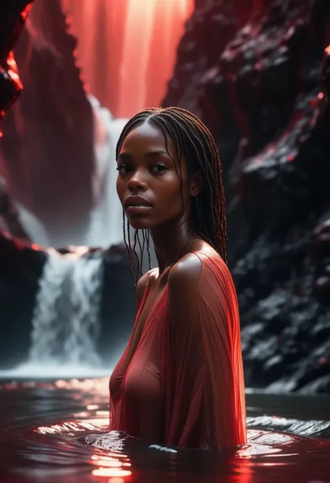 beautiful naked black woman in a waterfall, cinematic red lighting, color grading