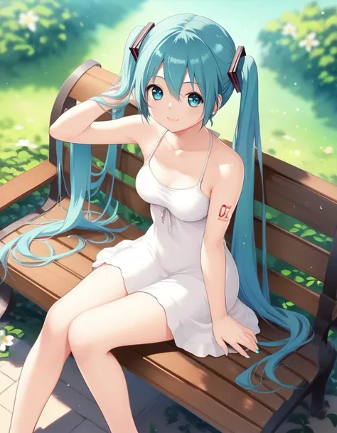 score_9, score_8_up, score_7_up,score_6_up,score_5_up,score_4_up,1girl sitting on a park bench, twintails, spaghetti strap, sundress, smile, (hatsune miku:0.8), 
 <lora:nonohara_miki_style_pony6_v1:1>