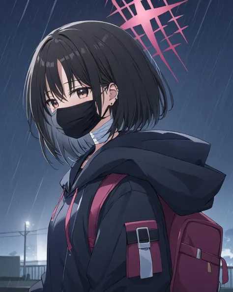 breathtaking,misaki \(blue archive\),1girl, solo, looking at viewer, long sleeves, jacket, upper body, earrings, coat, hoodie, mask, halo, bandages, piercing, backpack, hood down, ear piercing, hooded jacket, rain, bandaged arm, mouth mask, stud earrings, black hoodie, surgical mask, mask pull, black mask, bandaged neck
<lora:Misaki_image66_v1-000040:1> . gorgeous,key visual, vibrant, studio anime,award-winning, professional, highly detailed,high budget, cinemascope