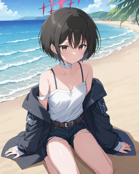 misaki \(blue archive\),1girl, bandaged_neck, solo, halo, torn_pants, looking_at_viewer, jeans, sitting, off_shoulder, white_shirt, belt, collarbone, closed_mouth, black_jacket, long_sleeves, beach, ocean, black_pants, open_jacket, feet_out_of_frame, outdoors
<lora:misaki_(blue_archive)_image247_2023-11-28:1>halo. gorgeous,key visual, vibrant, studio anime,award-winning, professional, highly detailed,high budget, cinemascope