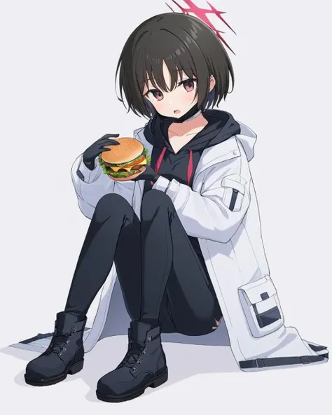 misaki \(blue archive\),1girl, solo, halo, torn_pants, sitting, white_background, holding_food, simple_background, burger, mouth_mask, looking_at_viewer, black_mask, black_pants, white_jacket, collarbone, open_mouth, gloves, black_footwear, boots, black_choker, hooded_jacket, long_sleeves, hoodie, mask_pull
<lora:misaki_(blue_archive)_image247_2023-11-28:1>halo. gorgeous,key visual, vibrant, studio anime,award-winning, professional, highly detailed,high budget, cinemascope