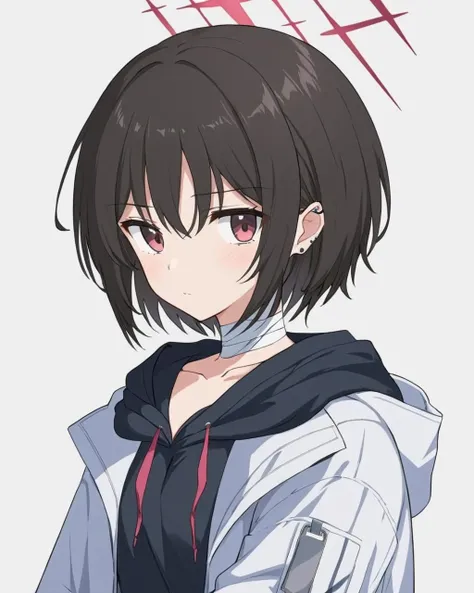 misaki \(blue archive\),bandaged_neck, 1girl, solo, black_hoodie, white_background, halo, simple_background, looking_at_viewer, upper_body, collarbone, parted_lips, ear_piercing, open_clothes, long_sleeves, white_jacket, stud_earrings, hood_down
<lora:misaki_(blue_archive)_image247_2023-11-28:1>halo. gorgeous,key visual, vibrant, studio anime,award-winning, professional, highly detailed,high budget, cinemascope