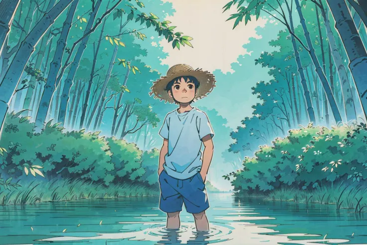 (best-quality:0.8), perfect anime illustration, boy in a bamboo forest, lake, japanese straw hat, <lora:lora:1>