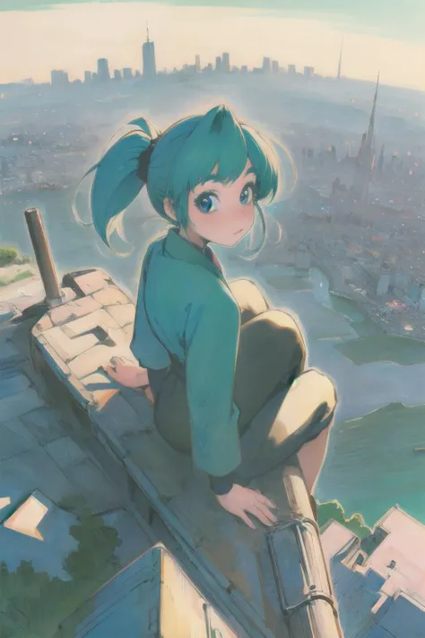 (masterpiece, best quality;1.3), extremely detailed ,ultra detailed,  1GIRL,solo, looking at viewer,  pony tail, sitting, 
ashinano-style, <lora:StyleAshinano2:1>  city, from above,