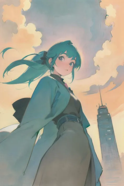 (masterpiece, best quality;1.3), extremely detailed ,ultra detailed, 1GIRL,solo, looking at viewer,
ashinano-style, <lora:StyleAshinano2:1> city, from below,