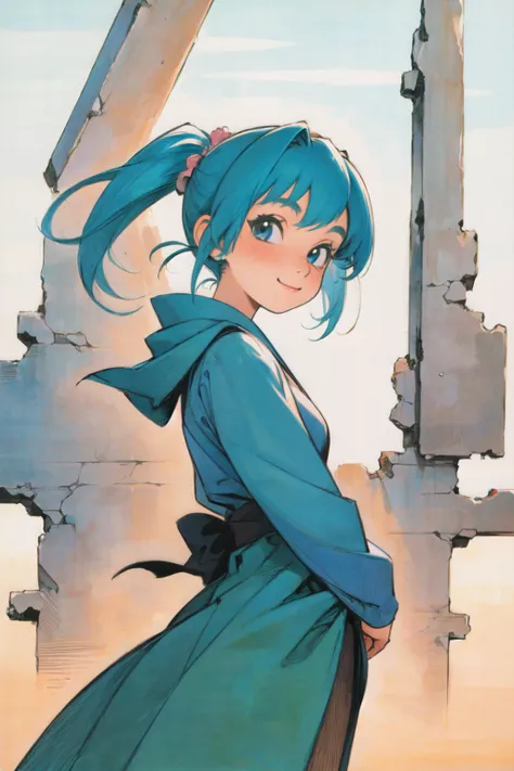 (masterpiece, best quality;1.3), extremely detailed ,ultra detailed, 1GIRL,solo, looking at viewer, pony tail, smile,
ashinano-style, <lora:StyleAshinano2:0.9> ruins,
