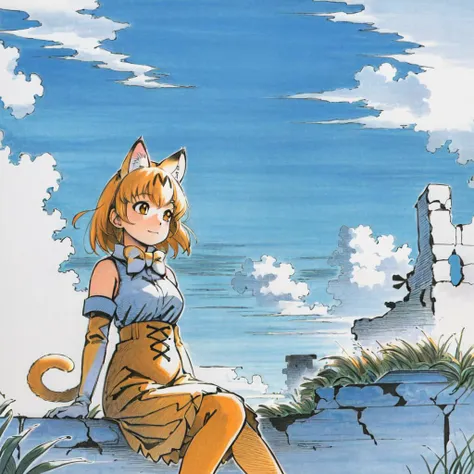 highres, detailed, ashinano-style, 1girl, wide shot, grass, overgrown, sitting, blue sky, clouds, ruins, happy, ((blonde hair, cat ears, cat tail, high-waist skirt, kemono friends, orange eyes, white gloves)), <lora:StyleAshinano2:1.0> ashinano-style, <lora:my_ServalKemonoFriends_v1:0.3>