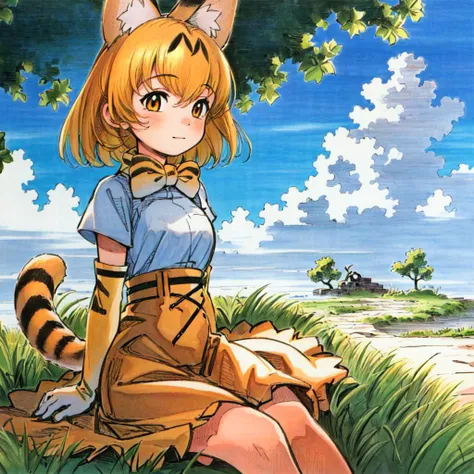 highres, detailed, ashinano-style, 1girl, wide shot, grass, overgrown, sitting, blue sky, clouds, ruins, happy, ((blonde hair, cat ears, cat tail, high-waist skirt, kemono friends, orange eyes, white gloves)), <lora:StyleAshinano2:0.8> ashinano-style, <lora:my_ServalKemonoFriends_v1:0.6>, detailed eyes, beautiful eyes, beautiful face, tree,