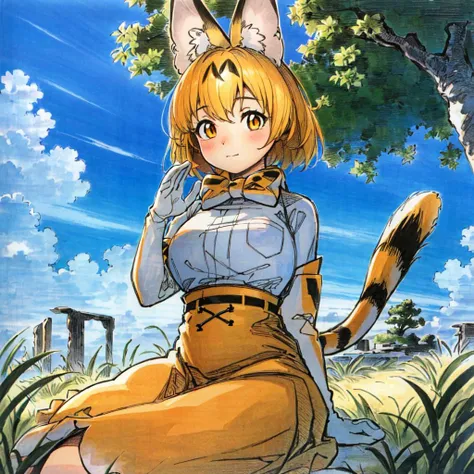 highres, detailed, ashinano-style, 1girl, wide shot, grass, overgrown, sitting, blue sky, clouds, ruins, happy, ((blonde hair, cat ears, cat tail, high-waist skirt, kemono friends, orange eyes, white gloves)), <lora:StyleAshinano2:0.8> ashinano-style, <lora:my_ServalKemonoFriends_v1:0.6>, detailed eyes, beautiful eyes, beautiful face, tree,