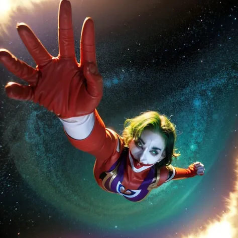 Superheroine with light brown hair wearing a blue leotard with gold stars on it, pantihose, tall hip boots and a cape and is lying on her back with her eyes closed, she’s unconscious. She’s covered and surrounded with gummy bears and gummy worms. She’s in a street circled by a group of people