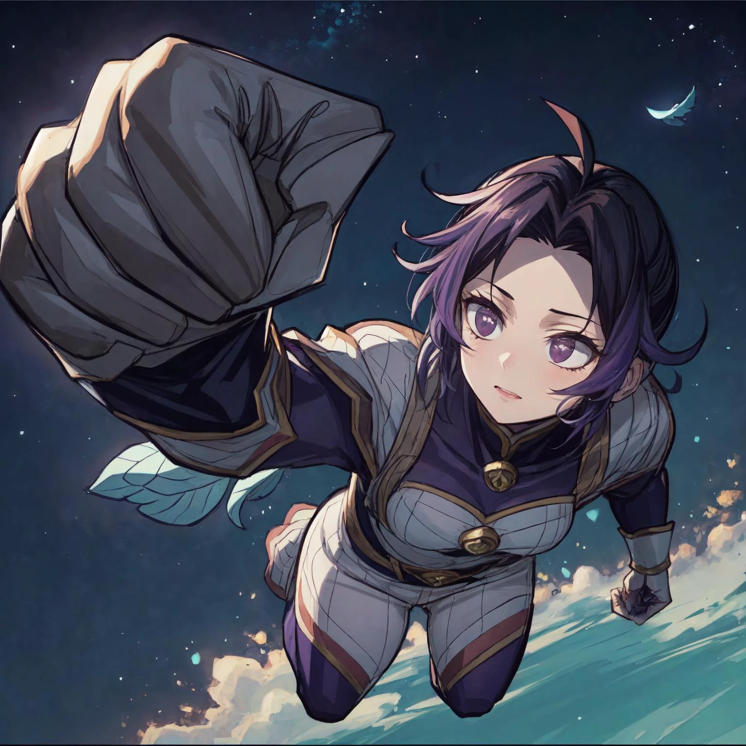(Ultraman_Rise:1.5),(tokusatsu:1.3),(clenched hand:1.4),flying,fist,sky,from above,(tokusatsu:1.5),<lora:Ultraman_Rise_v2-000005:0.65>, <lora:è´è¶å¿KochouShinobuV1:1> (kochou shinobu:1.5), (1girl:1.3), purple hair,