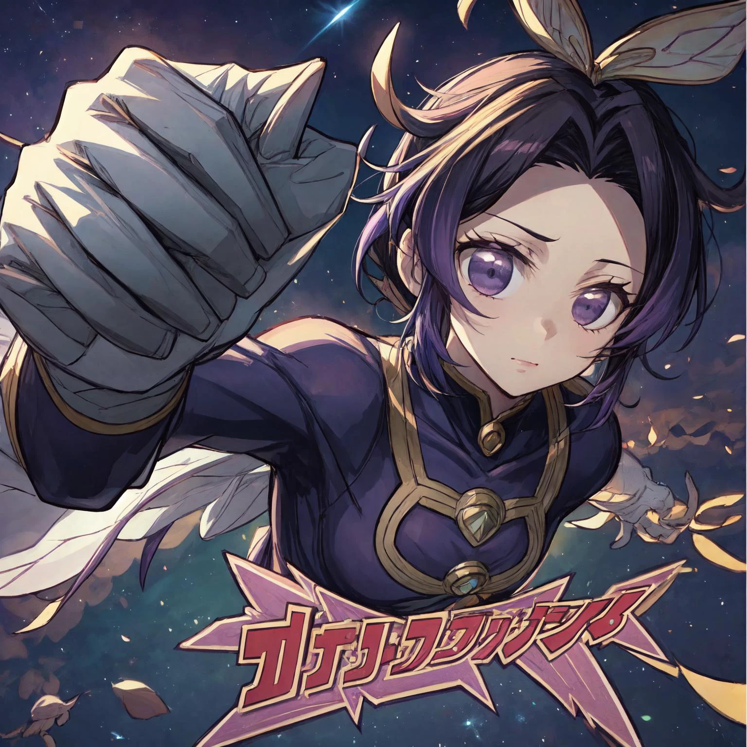 (Ultraman_Rise:1.5),(tokusatsu:1.3),(clenched hand:1.4),flying,fist,sky,from above,(tokusatsu:1.5),<lora:Ultraman_Rise_v2-000005:0.65>, <lora:è´è¶å¿KochouShinobuV1:1> (kochou shinobu:1.5), (1girl:1.3), purple hair,