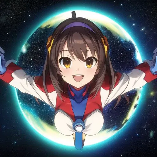 masterpiece, best quality,ultra detail, <lora:anmnr01:0.3>  <lora:add_detail:0.5>,<lora:GoodHands-vanilla:0.8>,<lora:Ultraman_Rise_v2:0.7>,  ,girl,intense close-up, solo, simple background, space, looking at viewer, upper body, flying, (rising hand for viewer:1.5) (Ultraman_Rise:1.75 ) ,smile ,open mouth <lora:Haruhi Suzumiya - [The Melancholy of Haruhi Suzumiya] - Version 1:0.7>Haruhi Suzumiya