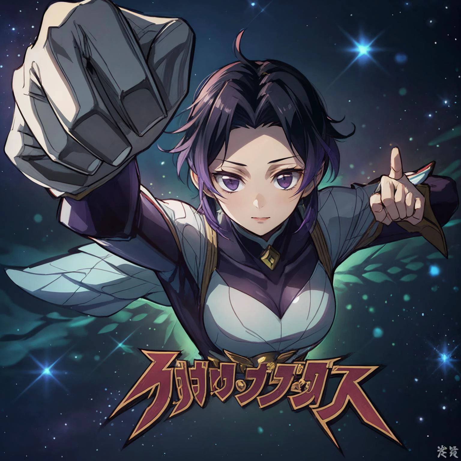 (Ultraman_Rise:1.5),(tokusatsu:1.3),(clenched hand:1.4),flying,fist,sky,from above,(tokusatsu:1.5),<lora:Ultraman_Rise_v2-000005:0.65>, <lora:è´è¶å¿KochouShinobuV1:1> (kochou shinobu:1.75), (1girl:1.3), purple hair,
