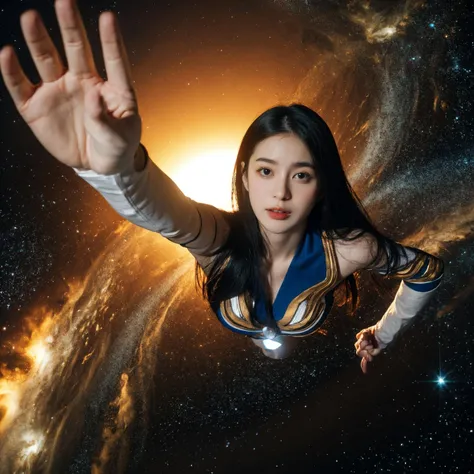 highres, 8k, absurdres, solo,1girl, CN_Girl6, long hair, black hair, black laced suit, realistic, intense close-up, solo, (Ultraman_Rise:1.75), (clenched hand:1.4), simple background, space, looking at viewer, upper body, flying, (double_fist), first,
((tokusatsu)),
<lora:Ultraman_Rise_v2-000005:0.7>, <lora:Stunning Beauty - 002:0.45>