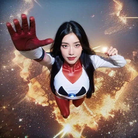 highres, 8k, absurdres, solo, (1girl:1.75),  breasts, long hair, black hair, Spider_Pig,  solo, flying, from above, (Ultraman_Rise:1.5), glowing, clenched hand, fist, simple background, space, sexy leggings, (black laced bra:1.3), nsfw, (tokusatsu:1.3), looking at viewer, upper body, ((double_fist)),
 <lora:Ultraman_Rise_v2-000010:0.75>,<lora:JP_Girl-000011:0.35>