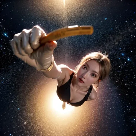 highres, 8k, absurdres, solo, (1girl:1.75), breasts, long hair, black hair, Spider_Pig, solo, flying, from above, (Ultraman_Rise:1.5), clenched hand, fist, simple background, space, sexy leggings, (black laced bra:1.3), nsfw, (tokusatsu:1.3), looking at viewer, upper body, ((explosion)),
<lora:Ultraman_Rise_v2-000005:0.65>,<lora:JP_Girl-000011:0.35>