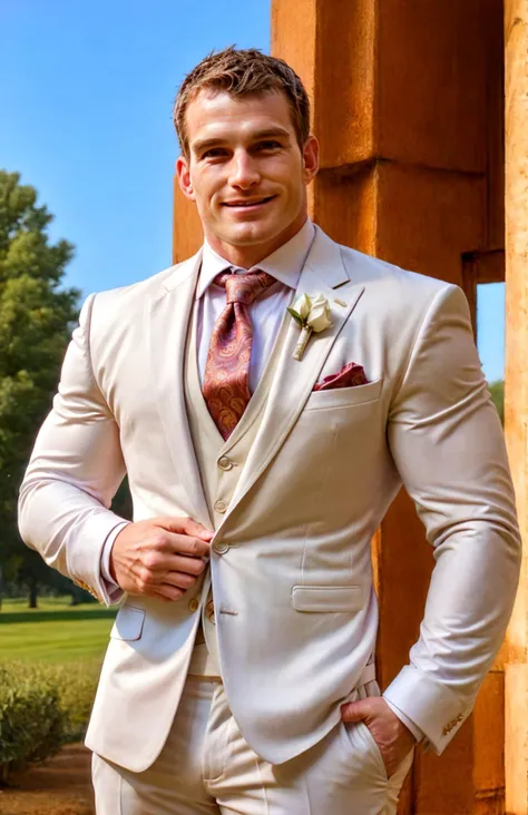 (face focus). <lora:BulkedUpAIR1.5:0.1>, (masculine:1.4), at outdoor sunny wedding, ((muscular man wearing designer formal suit)), sexy pose:1.0, confident, handsome, (((masterpiece))), (((best quality))), <lora:more_details:0.5>, (hands on waist), male, athletic, looking at viewer, smile, big pecs:1.2,<lora:HistorianDanSnow (1):1>, lora:HistorianDanSnow