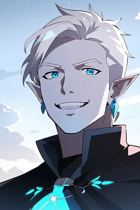vox machina style, outdoors, medieval town,
1boy, solo, male focus, blue skin, colored skin, pointy ears, white hair, grey hair, aqua hair, jewelry, earrings, black robes, mischievous smile, short hair, ((floating hair)), portrait, glowing hair,
, ((masterpiece))
<lora:vox_machina_style2:1.07>