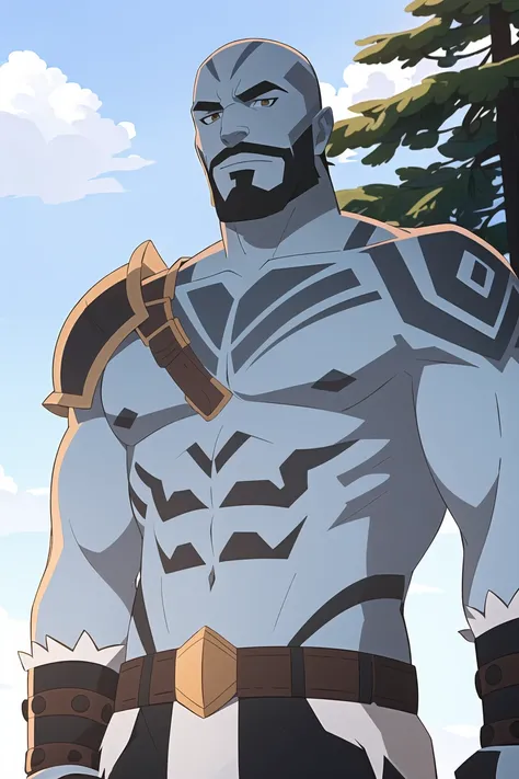 vox machina style, (very detailed background:1.5), outdoors, sky, cloud, trees,
male focus, 1boy, colored skin, solo, tattoo, muscular, muscular male, pectorals, blue skin, armor, white background, belt, shoulder armor, bald, upper body, abs, topless male, cropped torso, orc, facial hair, navel
, ((masterpiece))
<lora:vox_machina_style2:1.07>