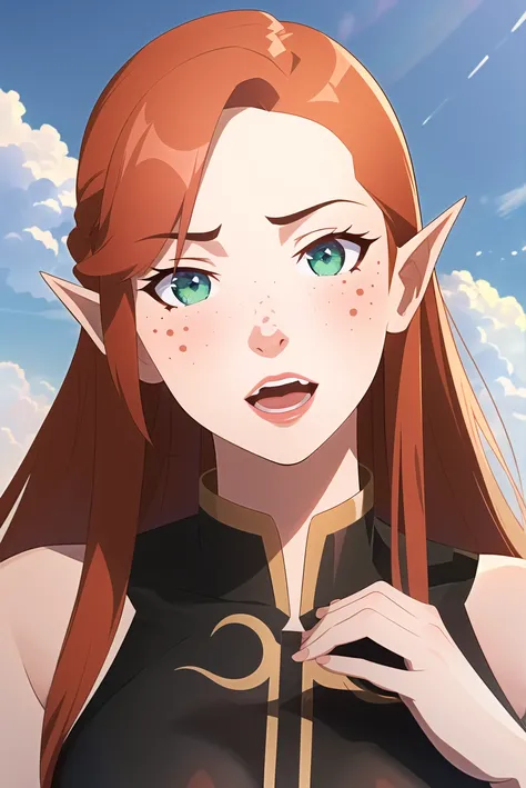 vox machina style, (very detailed background:1.5), outdoors,
1girl, solo, pointy ears, green eyes, freckles, long hair, open mouth, red hair, cloud, portrait, teeth, sky, parody, orange hair, cloudy sky, hand up, outdoors
, ((masterpiece))
<lora:vox_machina_style2:1.07>