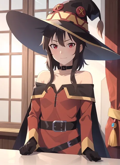 vox machina style, parody, megumin, 1girl, bare shoulders, black cape, black gloves, black hair, blush, cape, choker, collarbone, dress, hair between eyes, hat, long sleeves, looking at viewer, medium hair, off-shoulder dress, off shoulder, red dress, red eyes, sidelocks, solo, witch hat, indoors, ((masterpiece)) <lora:vox_machina_style2:1.1>
